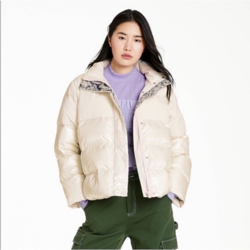 Sandy Liang x Target Metallic Cream Puffer Coat w/Snakeskin Lining & Pink Zipper